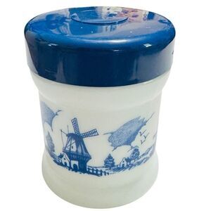 Vintage Holland Delft Blue & White  Milk Glass Canister w/ Lid 6” tall